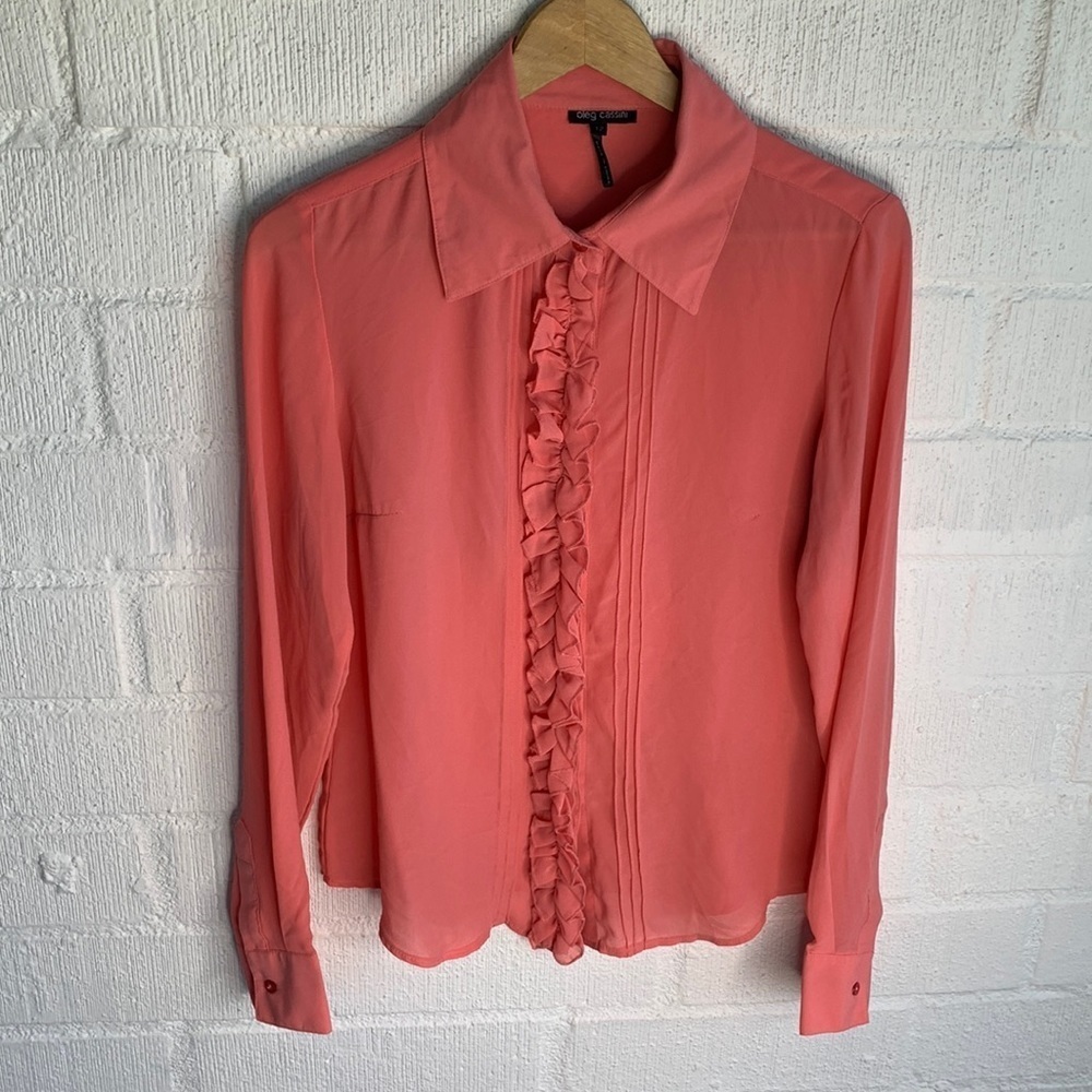 Oleg Cassini Vintage Ruffle Coral Pleated Long Sleeve Blouse sz 12